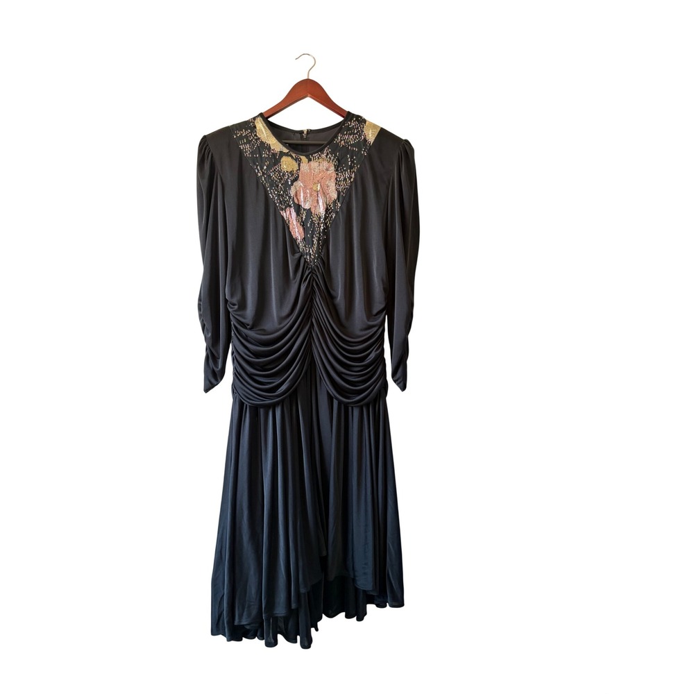 Vintage Black Ruched Metallic Floral Brocade Cocktail Dress 80s 2x